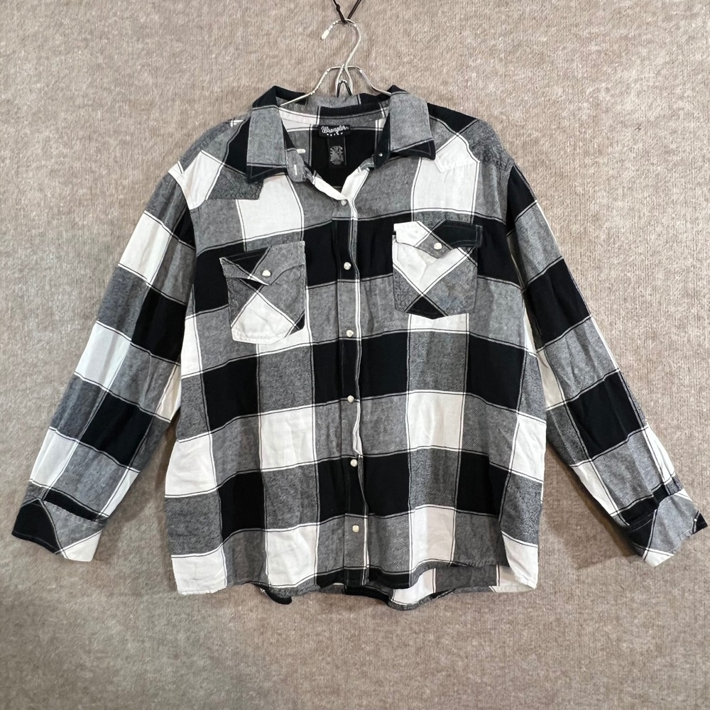 Wrangler Retro Western Shirt Womens XL Black White Buffalo Plaid Pearl Snap